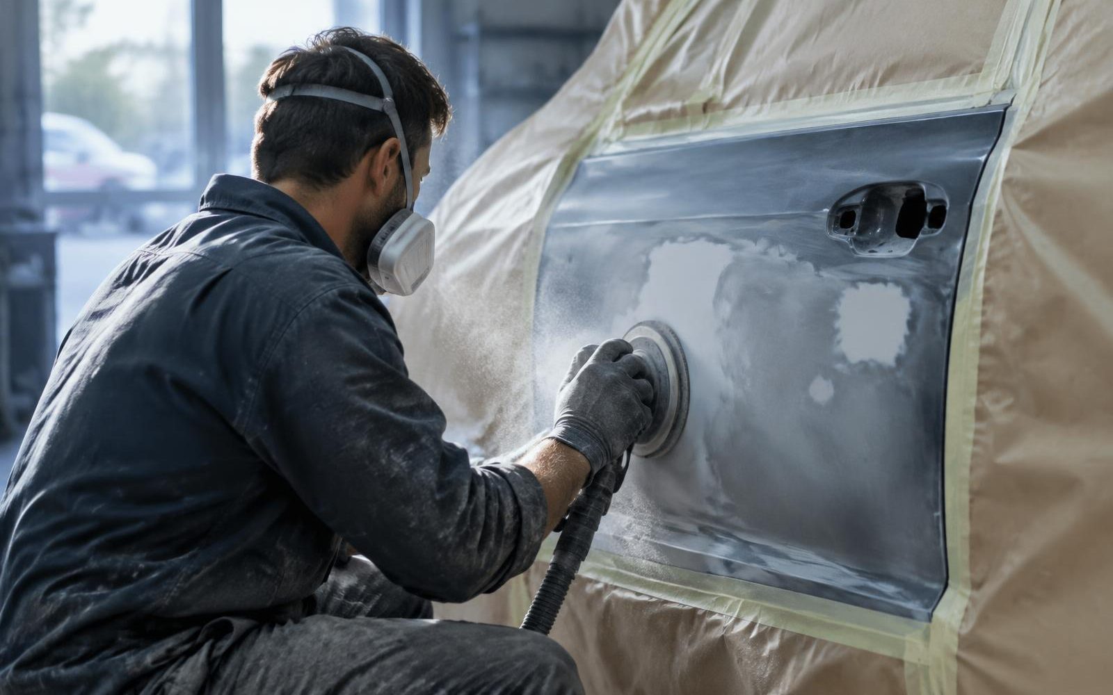 Schadehersteller werkt aan het plaatwerk van een auto