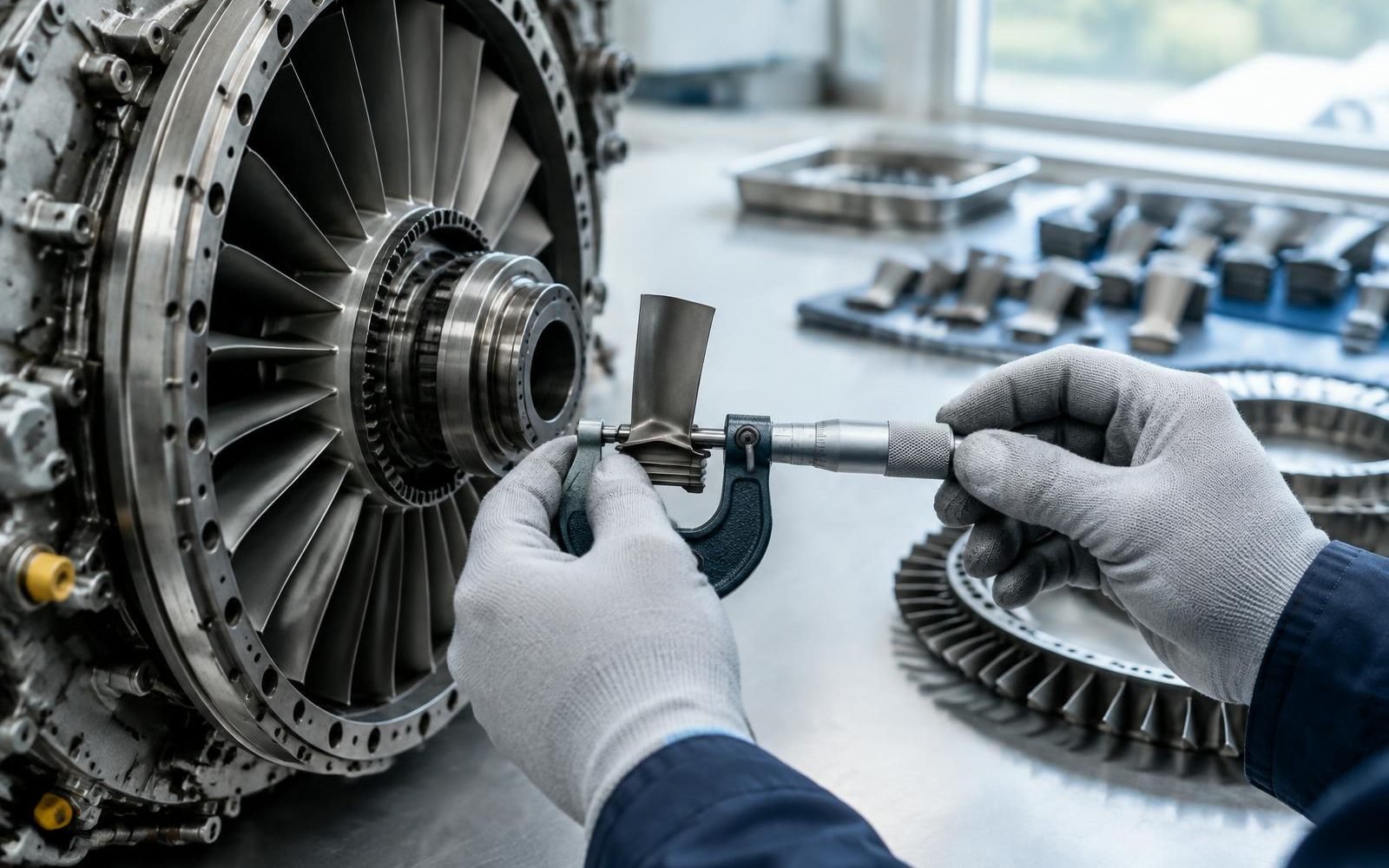 Technicus meet een onderdeel van een gasturbinemotor in een werkplaats