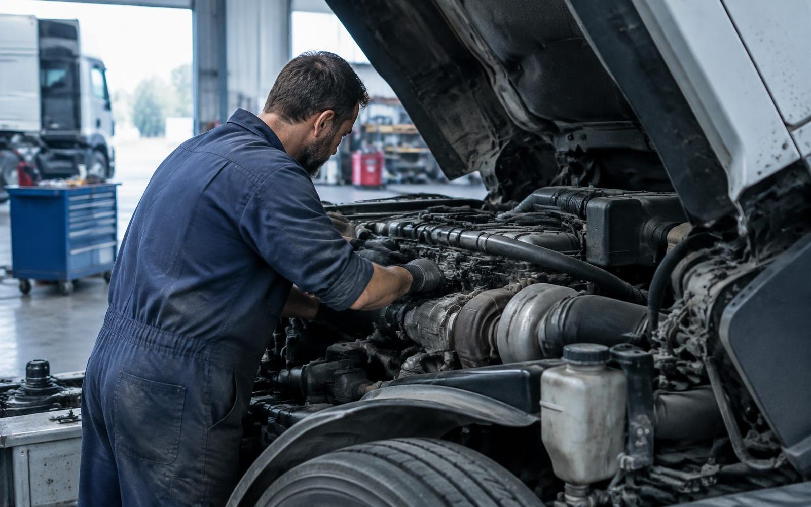 Monteur werkt aan de motor van een vrachtwagen in een werkplaats